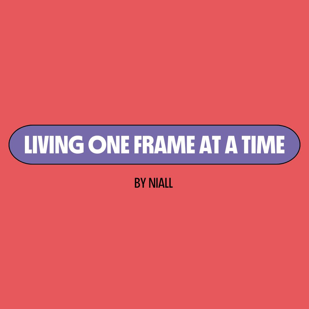 Red background with a purple text box containing white writing that reads: "living one frame at a time." Underneath is black writing that reads: "by Niall."