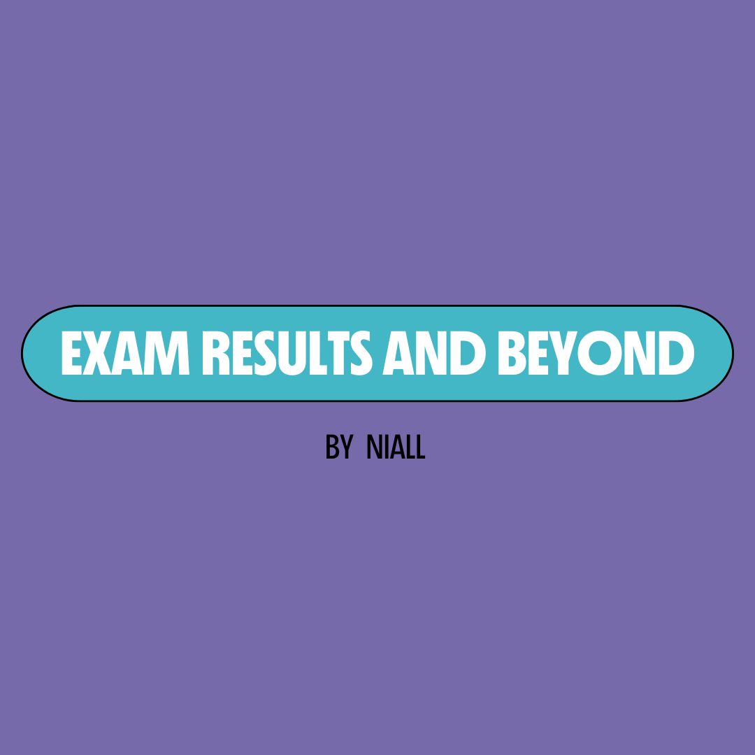 Purple background with a turquoise text box containing white writing that reads: "exam results and beyond." Underneath is black writing that reads: "by Niall."