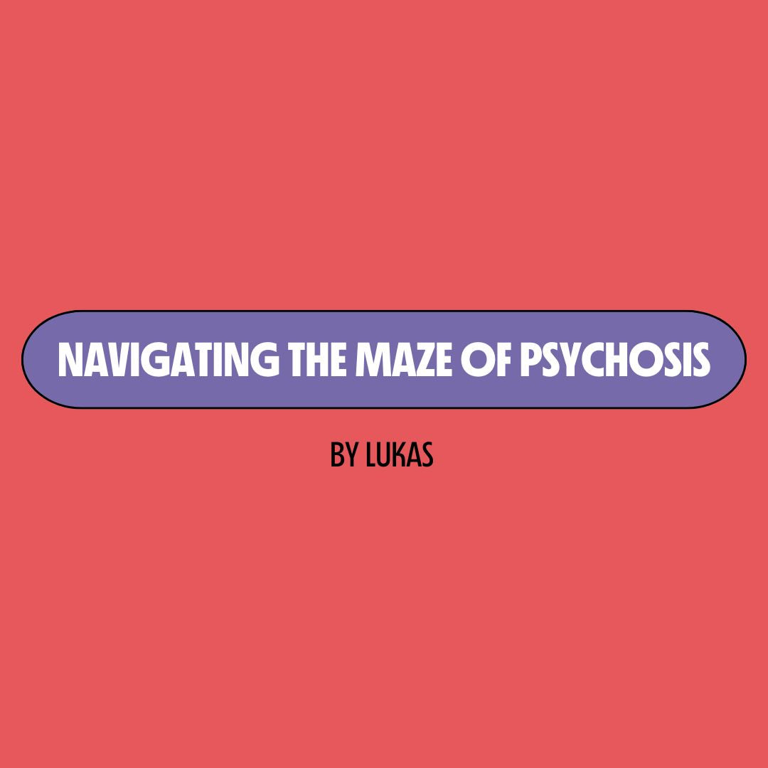 Red background with a purple text box containing white writing that reads: "navigating the maze of psychosis." Underneath is black writing that reads: "by Lukas."